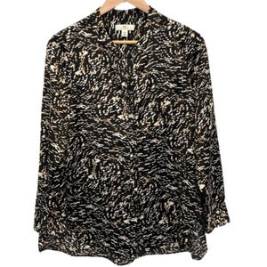 HALSTON oversized blouse long sleeve tunic Button up black abstract print Medium